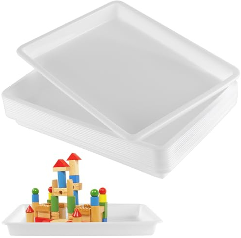 SINJEUN 12 Stück Kunsttabletts Weiß aus Kunststoff, 39,5 x 28,5 x 4 cm Materialschalen Stapelbar Aktivitätstablett, Plastikschalen Rechteckig Serviertablett für Organisieren