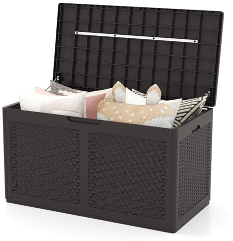COSTWAY Coffre de Rangement Extérieure en Résine 380 L, Boîte de Rangement Étanche à Texture Rotin avec Roues Couvercle Verrouillable, pour des Outils Jouet Accessoires 111 x 56 x 61 cm (Marron)