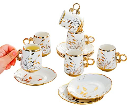 Set da Tè in Porcellana 6 Pezzi – Tazze da 100ml con Piattini, Stile Vintage Inglese con Bordo Dorato, Tazzine da Caffè Eleganti per Tè, Espresso, Idea Regalo