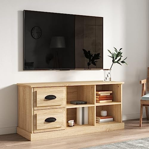 Qnhdfrt TV Schrank Lowboard Fernsehtisch Sonoma-Eiche Holzwerkstoff 102x35,5x47,5 cm mit Schubladen und offenen Fächern für Wohnzimmer