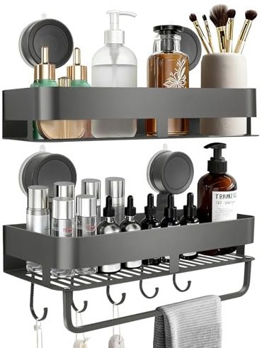AWAOVV 2 Stück Duschablage Saugnapf Ohne Bohren, Selbstklebende Dusch Regal Badezimmer Organizer mit 5 Haken & Handtuchhalter, Küchenregal Gewürzregal Hängend für Badezimmer, Küche