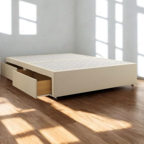 BSSPOKE Hard Divan Bed Base with 2 or 4 Storage Drawers Plush Velvet Upholstered Platform UK Handmade Bed Base (Cream Plush, 4ft6 Double (with 4 Drawers))