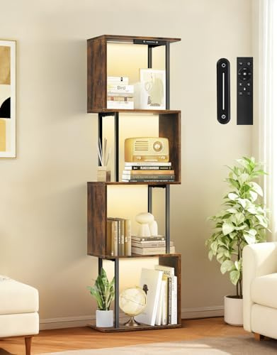 OUTONLIFE 5 Ebenen S-förmiges Bücherregal mit LED-Beleuchtung, 3 Farbtemperaturen, Touch- und Fernbedienung, Dimmbares Standregal, Kleines Ausstellungsregal für Wohnzimmer, Schlafzimmer, Büro.