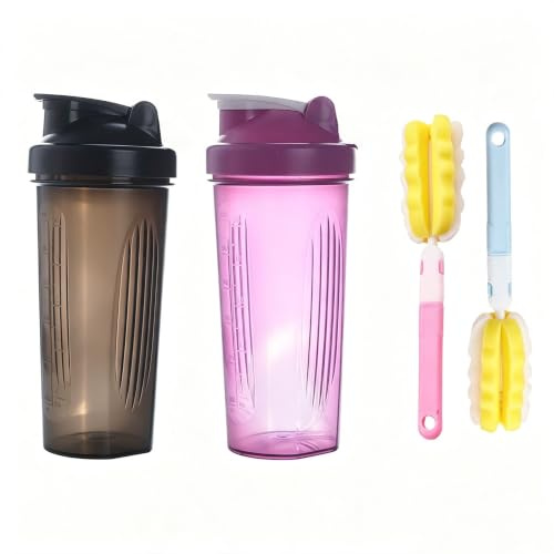 Set Shaker Fitness 600ml, Lot de 2 Gourdes Sport avec Brosse de Nettoyage | Couvercle étanche gradué, idéal pour boissons protéinées, entraînement, voyages et quotidien