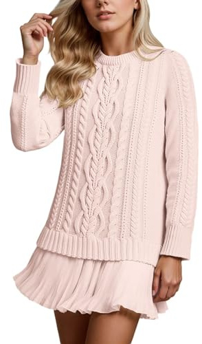 Novlewign Robe pull en tricot à col rond pour femme avec manches longues - Robes mini à col rond avec col rond et manches longues - Tenue décontractée pour l'automne, rose, Taille S