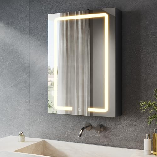SONNI LED Spiegelschrank 50x70cm mit Steckdose & Make-up Organizer Grau | Mit Kosmetik-Organizer & flexibler 3x Lupe, 3 Lichtfarben, dimmbar sowie Touch & Memory für eine perfekte Pflegeroutine