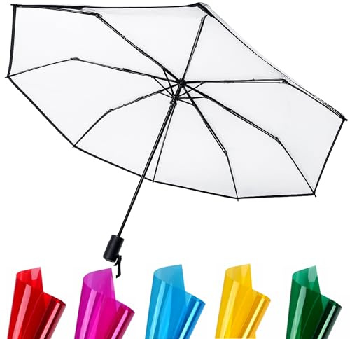 KAKABUBBLE Transparenter Automatik-Regenschirm mit Dekor-Aufklebern, Faltbarer Winddichter Klappschirm, Klarer Schirm für Hochzeit, Fotografie & Alltag, 110 cm Spannweite