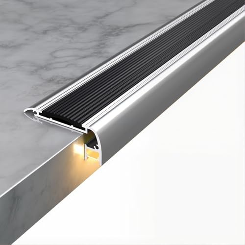 LED Treppenkantenprofil Alu 100 cm mit Bewegungsmelder - Rutschfester Treppenwinkel mit PVC-Einlage - Beleuchtete Stufenkante für Holz & Fliesen(Constant light type)