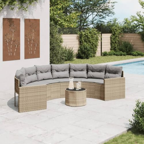 Mokuyary Gartensofa mit Tisch und Kissen Halbrund Beige Poly-Rattan Gartenmöbel Set, Outdoor Balkonset Terrassenmöbel, Gartenlounge Sitzgruppe für Terrasse, Balkon, Garten