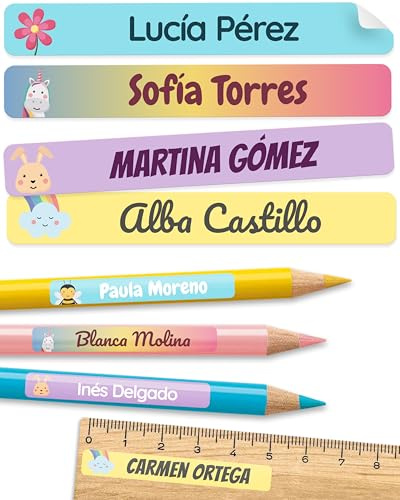 melu kids® Namensaufkleber Kinder für Schule & Kita (150 Stk, Bonbon) | Personalisiert & Spülmaschinenfest, Aufkleber mit Namen für Stifte und Schulsachen, Namensetiketten Selbstklebend