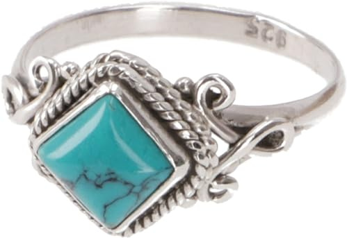 Boho Silberring, filigraner Edelsteinring mit rechteckigem Stein, Türkis