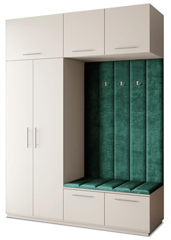 Masseno Flugarderoben Set Rema, Kleiderschrank-Set mit Sitzbank, Garderobenschrank Flur mit 5 Regalböden, Kaschmir