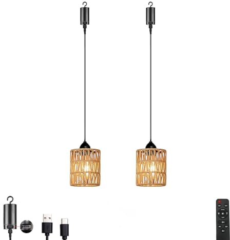 2 Stück Aufladbare Pendelleuchte Akku Hängelampe mit Batterie Fernbedienung | 1200mAh Vintage Hängeleuchte Dimmbar Timer, Schwarz Wetterfest Outdoor Lampe Hängend für Balkon Boho Deko