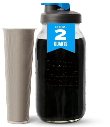 County Line Kitchen Cold Brew Coffee Maker, Mason Jar Pitcher - Heavy Duty Soda Lime Glass w/Stainless Steel Mesh Filter & Flip Cap Lid - Iced Tea & Coffee