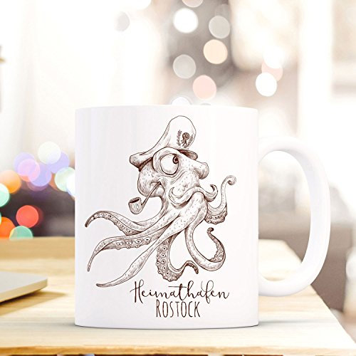 Maritime Tasse Becher Käpt'n Krake Kaffeetasse Kaffeebecher Geschenk mit Octopus Motto Spruch Heimathafen Rostock ts661