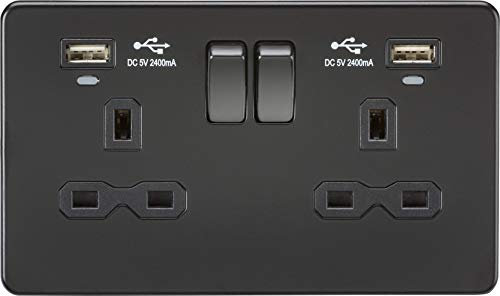 Knightsbridge SFR9904NMBB Screwless 13A 2G Switched (2.4A) Charge, Black/Black, Socket-Double + Dual USB + LED Indicator
