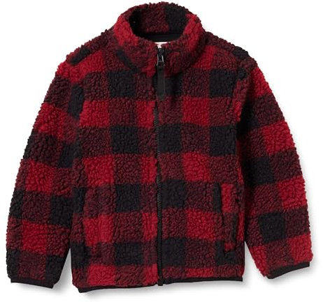 Amazon Essentials Jungen Sherpa-Jacke Mit Fleecefutter Und Durchgehendem Reißverschluss, Rot Exploded Buffalo Karo, 11-12 Jahre
