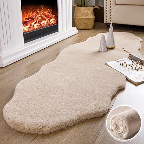 Ashler Faux Fur Rug, Upgraded Soft Faux Rabbit Fur, Beige Area Rugs, 2 x 6 Feet, Machine Washable Nursery Decor Throw Rugs for Bedroom, Kids Room, Living Room