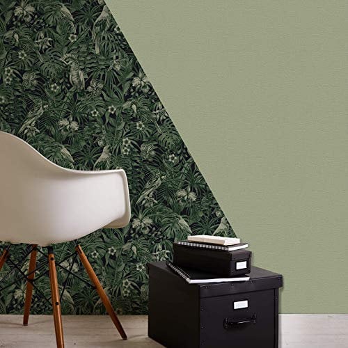 Urwald Vögel #ZUHAUSE Jungle Blumen 3D Vliestapete Dschungel Loft Vintage Schlafzimmer Pflanzen Wandbild Tapete Fototapete Made in Germany (10.05 m x 0.53 m Grün Schwarz)