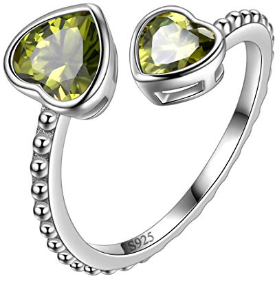 Aurora Tears August Birthstone Liebesherz Verstellbare Ringe 925 Sterling Silber Birthstone Doppelherz Offener Ring Geburtsstein Schmuck für Frauen und Männer DR0109A