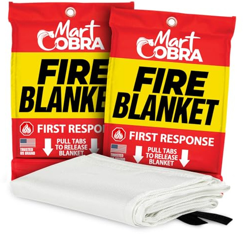 Mart Cobra Fire Blanket 2-Pack – Emergency Fire Suppression for Home & Kitchen – 40x40 Fireproof Fiberglass Safety Blankets – Heat Resistant & Easy to Use – Smothers Grease & Electrical Fires
