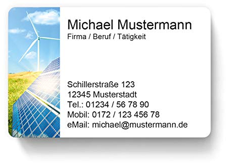 100 Visitenkarten, laminiert, 85 x 55 mm, inkl. Kartenspender - Solar Windkraft