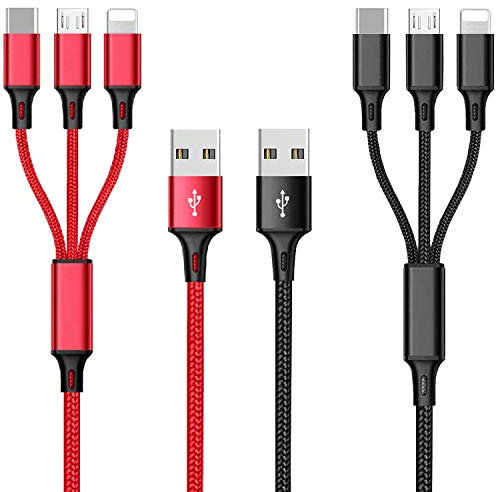 Souina 4ft 2Pack Multi Phone Charger Cable Braided Universal 3 in 1 Charging Cord Extra Long Multiple USB Cable with USB C, Micro USB Port Connectors for Cell Phones and More (Red+Black)