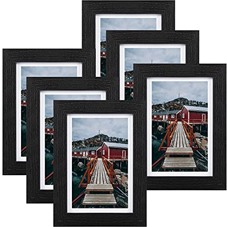 BEYAHELA Bilderrahmen 10x15 cm A6 Schwarz 6er Set,Holz Bilderrahmen,mit Passepartout 8x13cm Bilderrahmen,HD-Glas MDF Holz Rahmen,Posterrahmen,zum Aufhängen&Aufstellen, für Fotos,Posterr,Puzzles