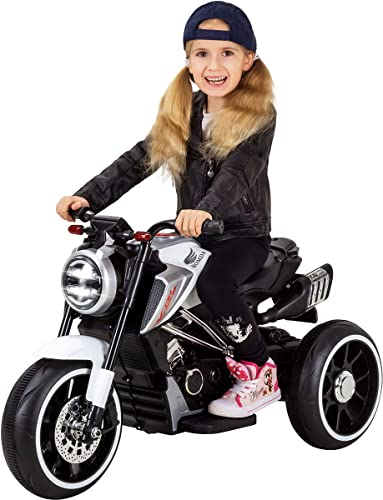 Original Actionbikes Motors Kinder Elektromotorrad Cruiserbike | 2X 6 Volt 18 Watt Motoren - Gaspedalschalter - Bremsautomatik - LED-Scheinwerfer - USB- & AUX-Anschluss (Weiß)