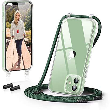 GOODVISH Handykette kompatibel mit iPhone 12 und iPhone 12 Pro 6,1 Display, Necklace Hülle mit Band Handyhülle für zum Umhängen,Transparent Case mit Schnur Schutzhülle mit Kordel,Dunkelgrün