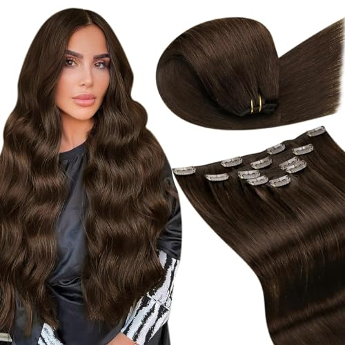 LaaVoo Clip in Extensions Echthaar Braun Extensions Clip in Echthaar Haarverlängerung für Komplette Kopf Glatt Clip in Extensions Braun Doppelt Tressen Remy 30cm 5Stück/70g