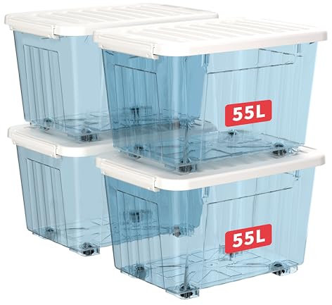 Cetomo 55L*4 Storage Boxes with Wheels, Plastic Storage Box with Lid, Latching Buckles, Click Closure, Stackable, Nesting, Durable Organizer for Home Office Clothes, Clear Blue, 55L-4 Pack