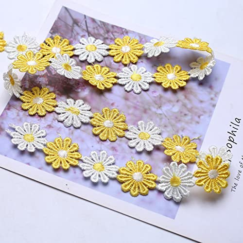 YIEUR 6.5 Meter Spitzenband Blumen gelb, 1 Strang bunte Spitzenbordüre Tischdeko Geschenkband, 25mm Zierband Stickerei Spitzenborte, 7 Yard Vintage Band für Handwerk Nähen Deko(gelb)