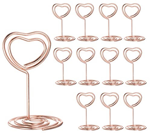 sourcing map 12pcs Table Number Holders 1.97 Inch 50mm Tall Mini Heart Shape Steel Photo Holders for Centerpieces Table Place Card Holders for Wedding Reception Party Office Home, Rose Gold