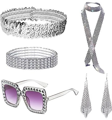 MIVAIUN 6 Stück 70er Jahre Disco Zubehör,Disco Accessoires mit Pailletten Schal Ohrringen dickem Rahmen Sonnenbrille Armband und Stirnband für Damen 70er Jahre Glitzer Disco Kostüm (Silber)