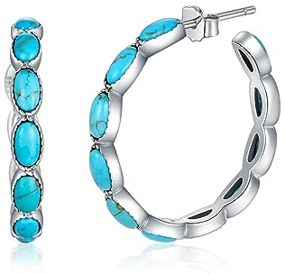 BETHZA Türkis-Creolen 925er Sterlingsilber Western-Vintage-Stil echter blauer Türkis Boho-Ethno-Schmuck Geschenk für Frauen und Mädchen
