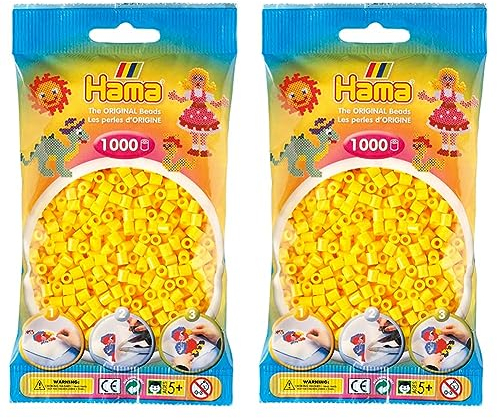 Hama Perlen 207-03 Bügelperlen Beutel mit ca. 1.000 Midi Bastelperlen mit Durchmesser 5 mm in Gelb, kreativer Bastelspaß für Groß und Klein (Packung mit 2)