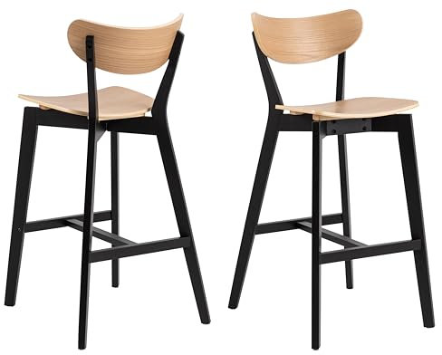 AC Design Furniture Roxanne Lot de 2 tabourets de Bar avec Assise en placage de chêne et Pieds en Bois Noir, Chaise Haute au Style rétro Moderne, Meubles de Bar, Meubles de Cuisine, l 45 x H 105 x P