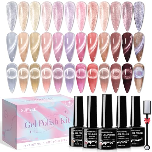 SUPWEE Cat Eye UV Gel Nagellack Set, 12 Farben Cat Magnetisch Gel Nagellack mit Magnetstift Smoothie Glitzer Cat Eye Nail Polish DIY Nail Art Maniküre Salon Basis erforderlich