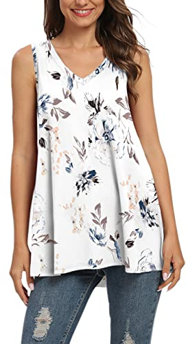AUSELILY Damen Tshirt V Ausschnitt Ärmellos Lässig Oberteile Sommer Basic Casual Top Lose Weste (Weiße Blume,S)