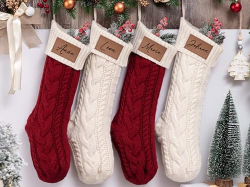 Generisch Personalisierte Weihnachtsstrümpfe mit Namen Nikolausstrumpf Nikolausstiefel mit Leder Namensschild für Kinder (48 cm, Weiß, 1)