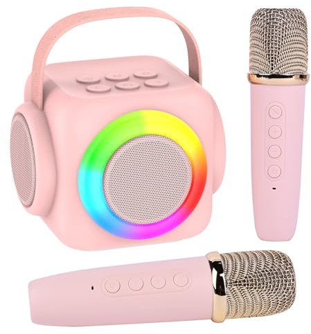 Portable Bluetooth Mini Karaoke Speaker for Kids and Adults with 2 Microfono Mic and Colorful LED Light Supports TF Card/USB, AUX IN, for Party, Home, Meeting, Outdoor (Pink)