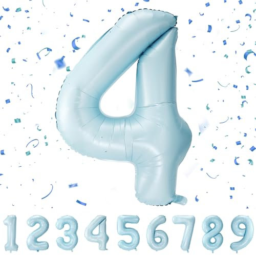 Geburtstag zahlen luftballon 4 jahre | Folienballon Kindergeburtstag Deko 4 XXL Pastel Blau-Riesen Folienballon in 40 - 101cm Geburtstagsdeko - Ballon Zahl Deko zum Geburtstag QBlue4