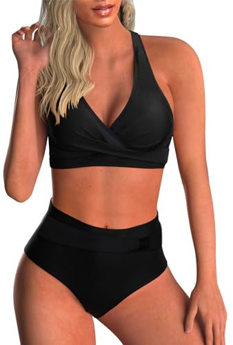 Adigaber Women's Two Piece Swimsuits Criss Cross Top Bikini High Waisted Bottom Tummy Control Bathing Suits Vintage Print Swimwear Black