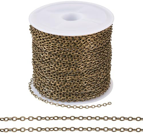 Cheriswelry Catene in ferro rivestito in ottone da 32,8 m, catena in bronzo anticato con maglie saldate piatte ovali per la creazione di gioielli