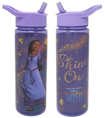 Disney Wish Kids Water Bottles With Flip Up Straw 600ml – Official UK Merchandise by Polar Gear – BPA Free, Recyclable Girls Water Bottle With Wish Star, Asha and Valentino