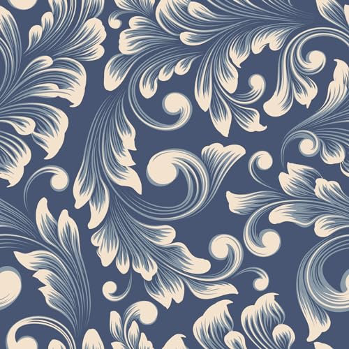 VaryStyle 17.7x393 Victorian Damask Wallpaper Peel and Stick Navy Blue/Cream Classical Floral Wallpaper Navy Contact Paper for Shelves Waterproof Vinyl Wall Paper Roll for Living Room Walls Drawers
