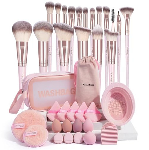 MAANGE Lot de 37 pinceaux de maquillage synthétiques de qualité supérieure pour fond de teint, fard à paupières, poudre, anti-cernes, pour débutants (rose)