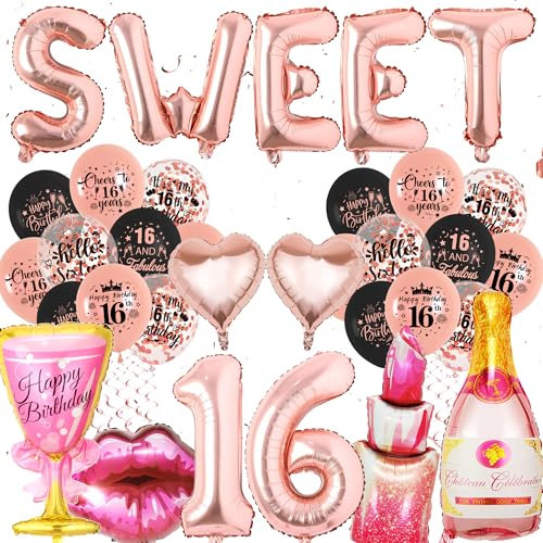 Roségold Sweet 16. Geburtstag Mädchen - 31 Stück Sweet 16 Luftballon Deko Set mit Zahlen Luftballon 16, Rosegoldener und Schwarz Ballon, Partyzubehör für 16. Geburtstag (Sweet 16)
