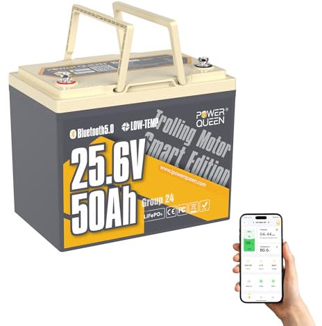 Power Queen 24V 50Ah Batterie LiFePO4 Télécommande Bluetooth 5.0,Protection Basse Température,Batterie Lithium à Cycle Profond 1280Wh Energie pour 24V Moteur de Bateau Electrique 100LBS Yacht Marine